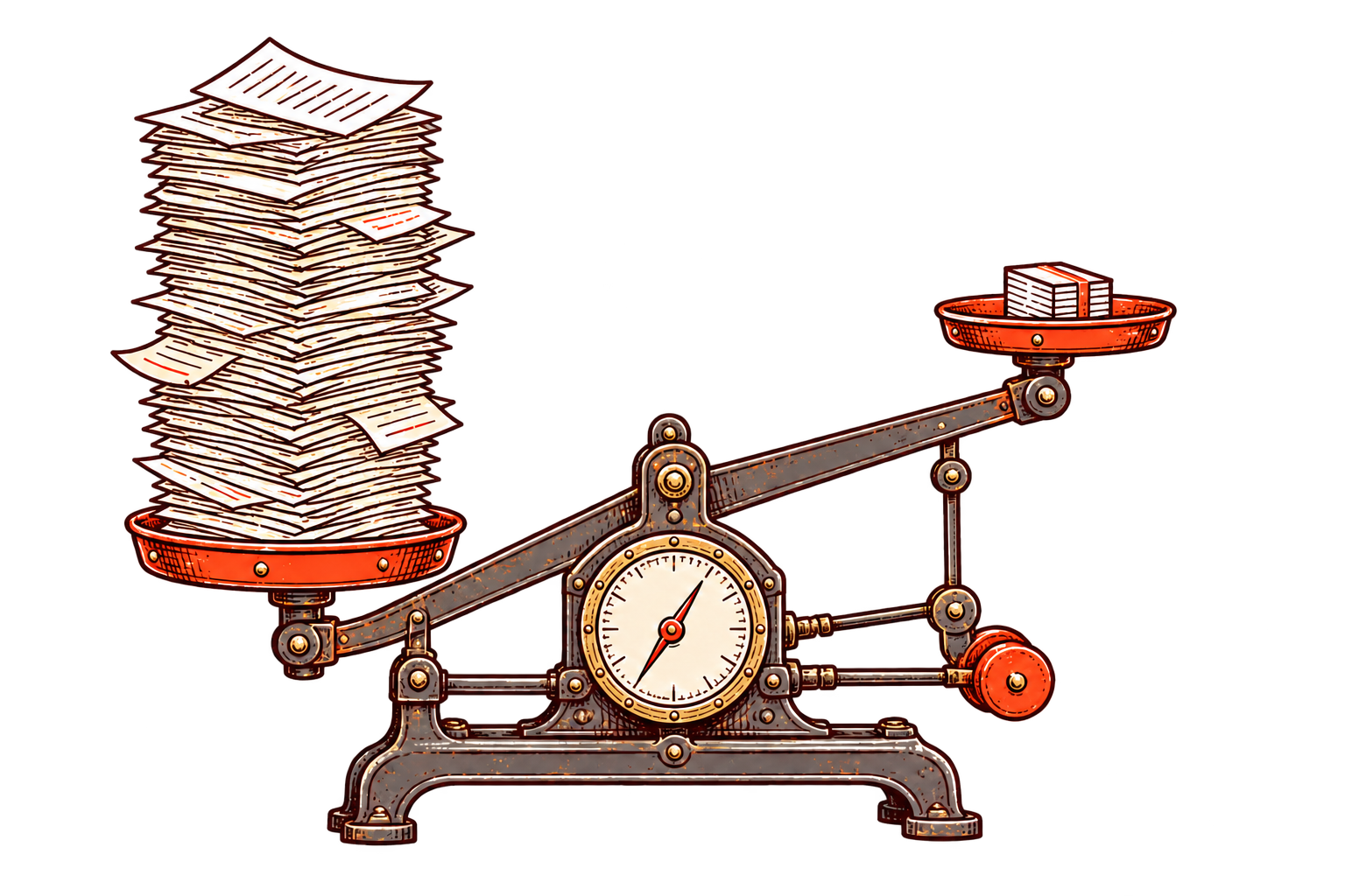 An industrial balance comparing a large paper stack with a compact PDF